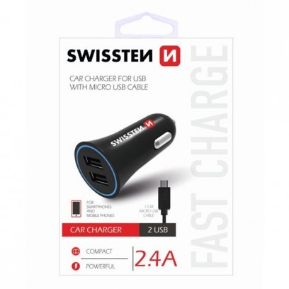 SWISSTEN, micro USB auto nabíječka, + USB kabel (A male-micro) 12V, 5V, 2400mA, nabíjení mobilních telefonů a GPS, černá, odn...