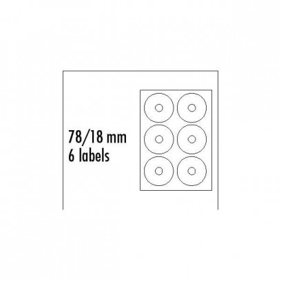 Etikety na CD 78/18mm, A4, matné, bílé, 6 etiket, 140g/m2, baleno po 10 ks, pro inkoustové a laserové tiskárny
