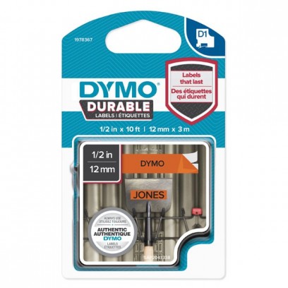 Dymo originální páska do tiskárny štítků, Dymo, 1978367, černý tisk/oranžový podklad, 3m, 12mm, D1, permanentní vinylová