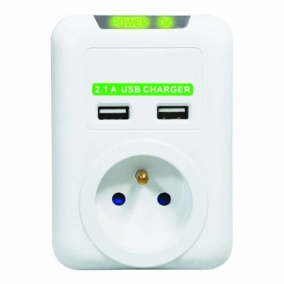 Bezkabelová přepěťová ochrana, 1 zásuvka, bílá, 2x USB