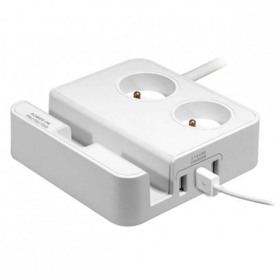 Přepěťová ochrana, 2 zásuvky, bílá, 3x USB, se stojánkem na tablet,mobil