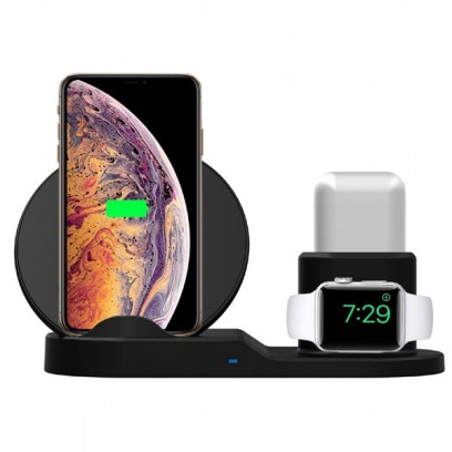 3v1 bezdrátová nabíječka, pro telefon, Apple Watch a Airpods, černá, 5/9V, 15W