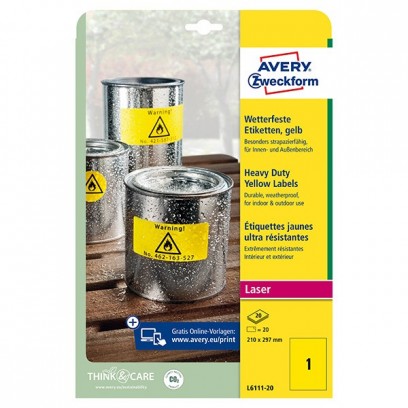 Avery Zweckform etikety 210mm x 297mm, A4, žluté, 1 etiket, velmi odolné, baleno po 20 ks, L6111-20, pro laserové tiskárny
