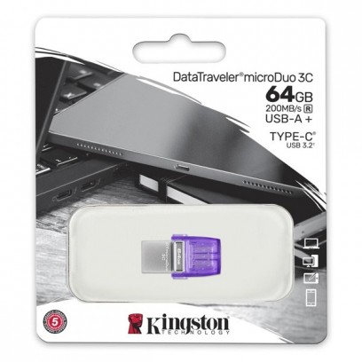 Kingston USB flash disk OTG, USB 3.0 (3.2 Gen 1), 64GB, Data Traveler microDuo3 G2, stříbrno-fialový, DTDUO3CG3/64GB, USB A /...