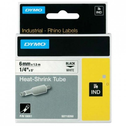 Dymo originální páska do tiskárny štítků, Dymo, 18051, S0718260, černý tisk/bílý podklad, 1,5m, 6mm, RHINO plochá smršťovací ...