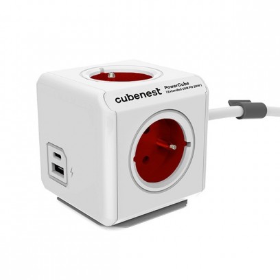 Cubenest - PowerCube, 1.5m, Extended USB PD 20W, A+C, červená, POWERCUBE, 4 zásuvky, USB A+C, Power Delivery 20W