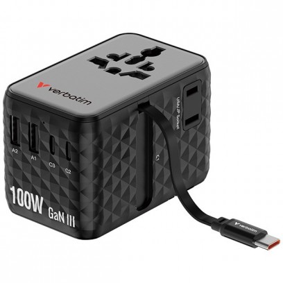 Verbatim, Cestovní adaptér univerzální Charge n Travel 2x USB-C, 2X USB-A + 1x integrovaný kabel USB-C, černá, 100 W