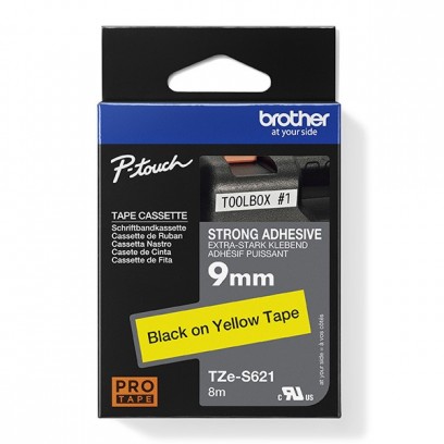 Brother originální páska do tiskárny štítků, Brother, TZE-S621, černý tisk/žlutý podklad, laminovaná, 8m, 9mm, extrémně adhez...